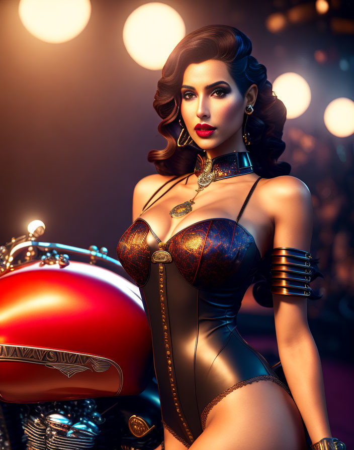 Stylized animated woman in retro-futuristic outfit with motorcycle in dimly lit setting