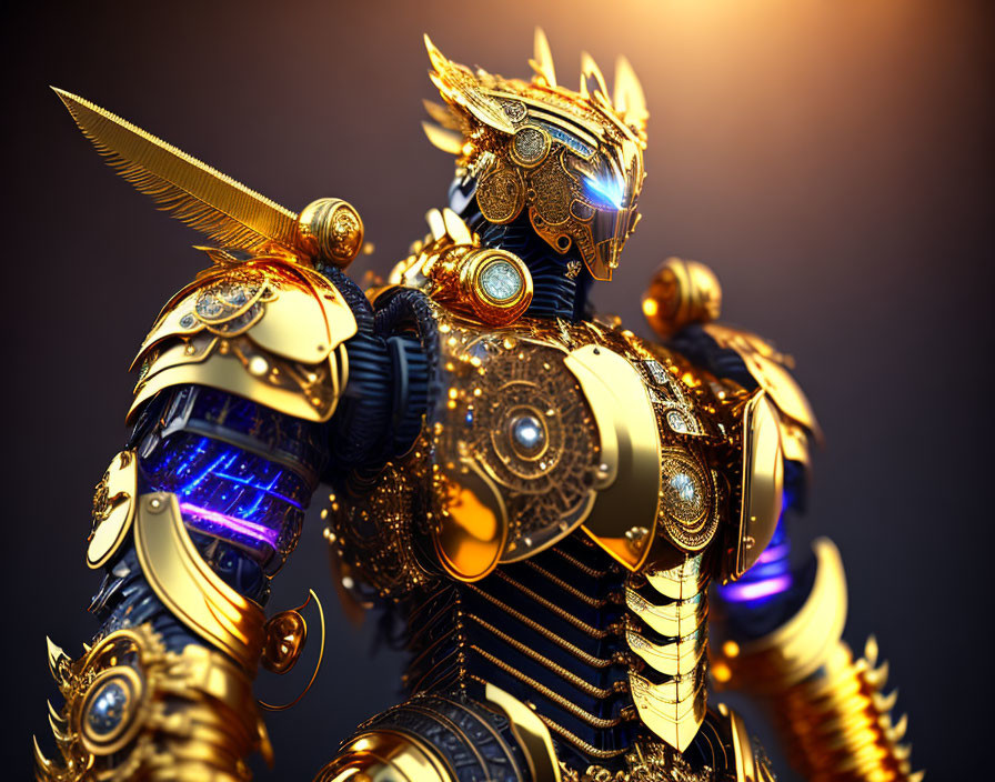 Detailed Golden Robotic Knight in Ornate Armor on Dark Background