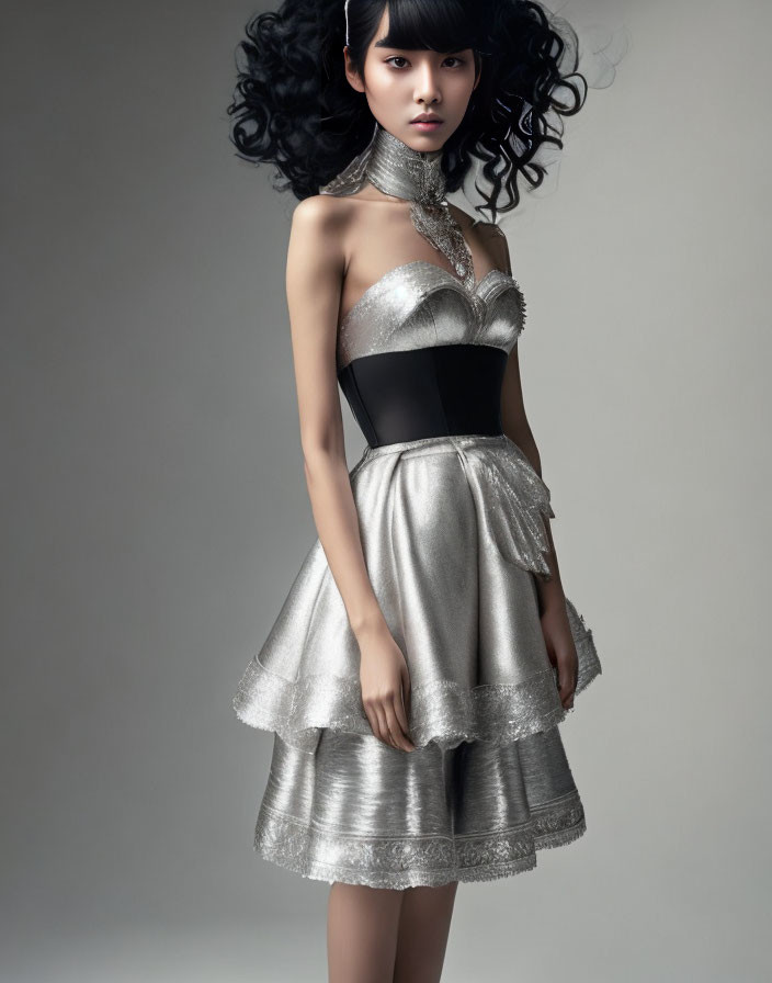 Person with Voluminous Black Hair in Silver Strapless Dress on Grey Background