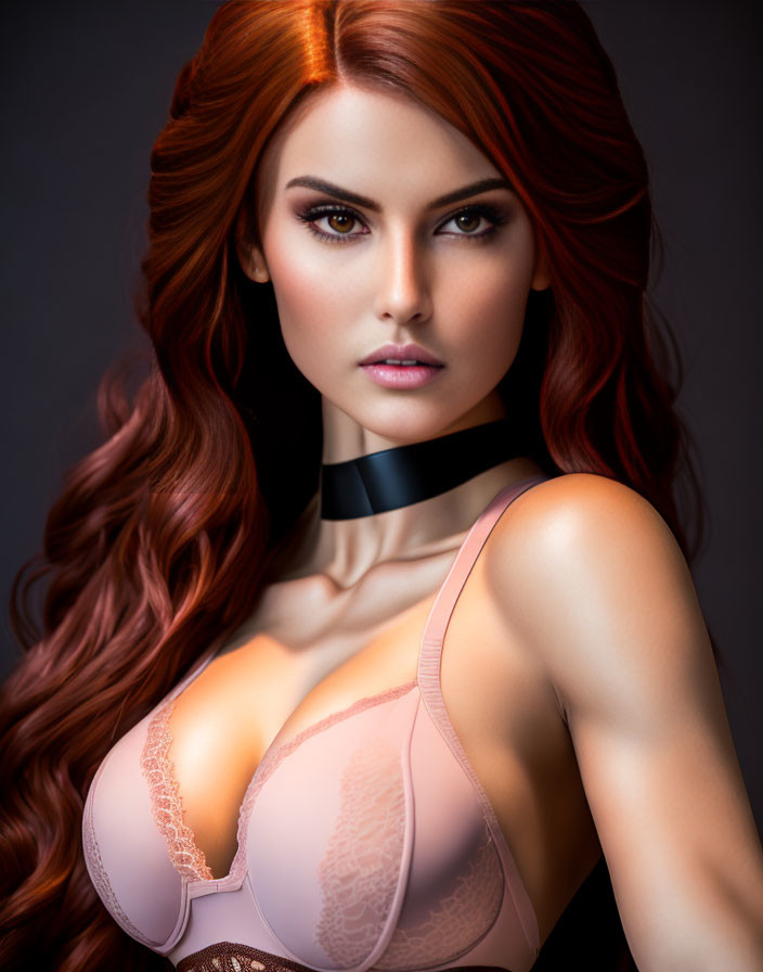 Digital portrait of woman with red hair and black choker in peach lingerie