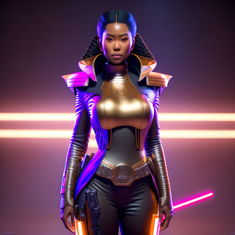Futuristic woman in gold-and-purple sci-fi armor with elaborate hairstyle