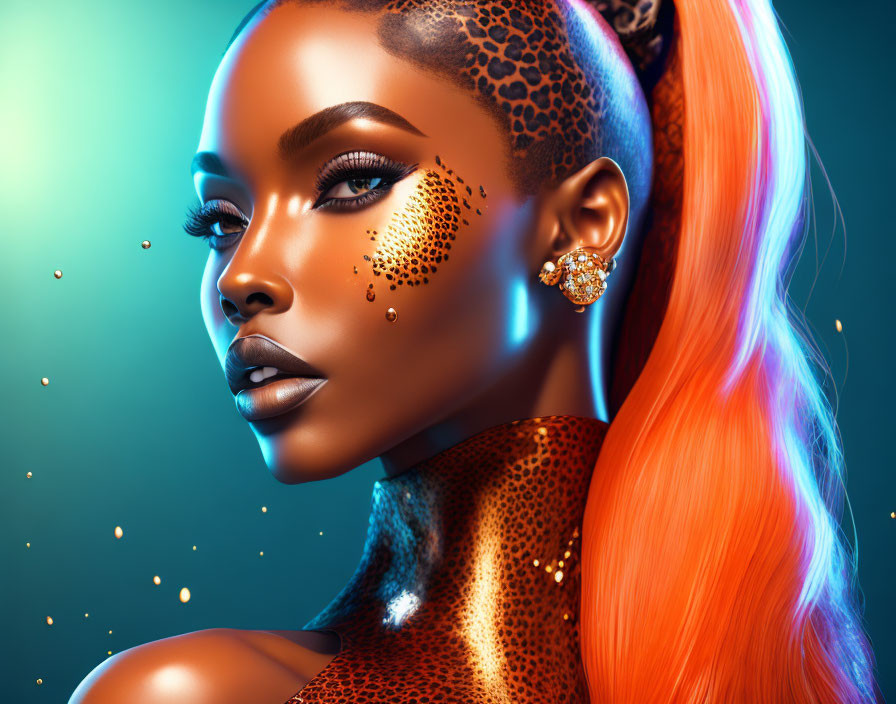 Digital artwork featuring woman with cheetah-like spots, orange hair, and teal background