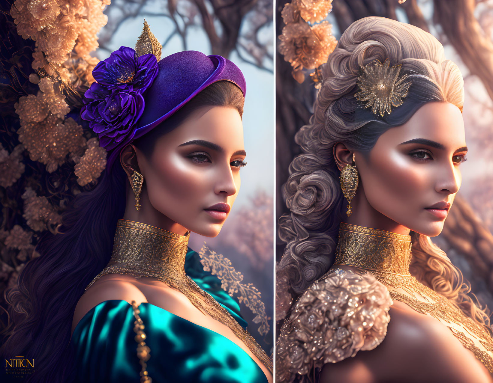Digital artwork: Woman in two profiles with historical hairstyles & accessories - purple hat with flower & golden head
