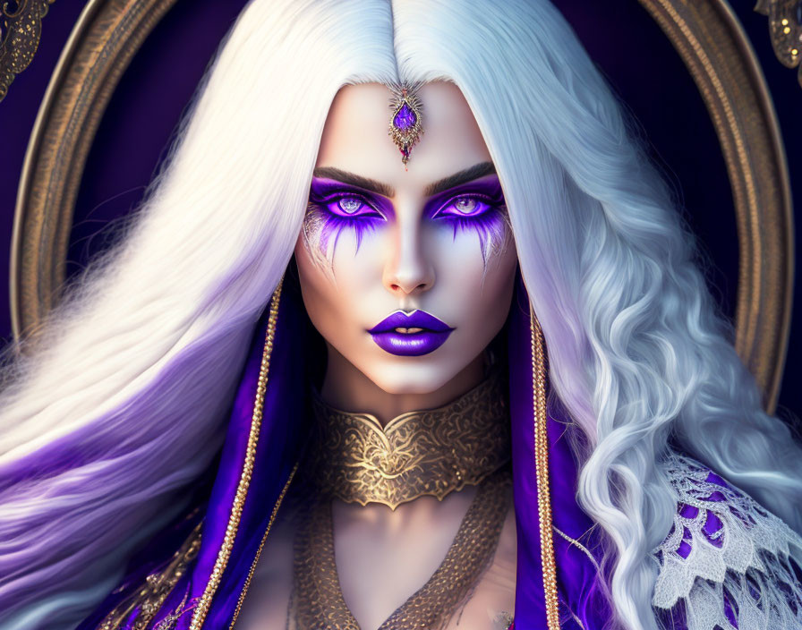 Fantasy female character with purple eyes, white hair, gold jewelry, in dark setting