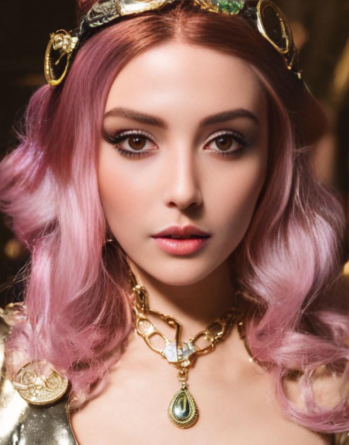 Pink-haired person with gold crown and necklace, green gem.