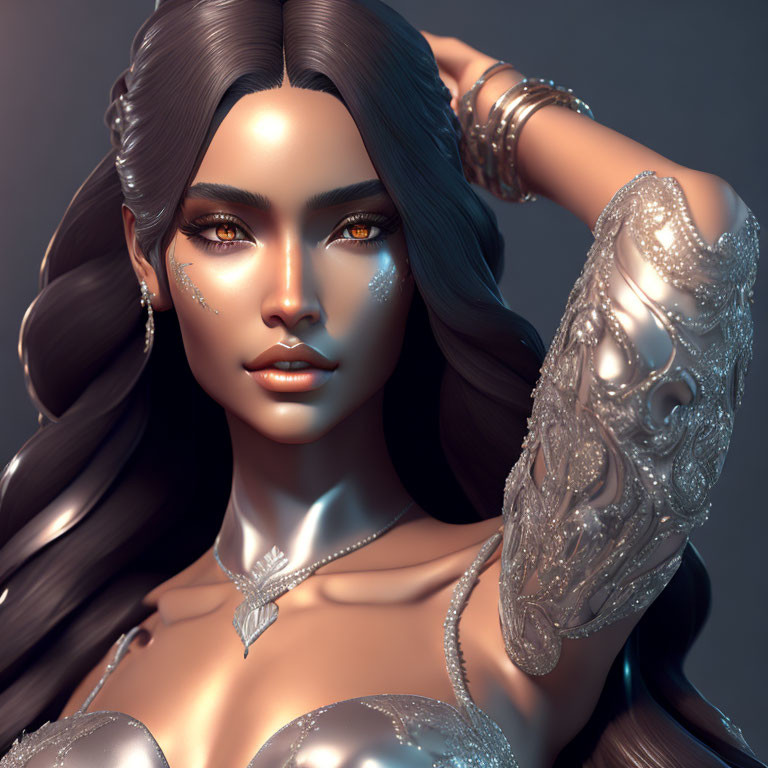 Detailed 3D-rendered female with long dark hair and ornate silver accessories