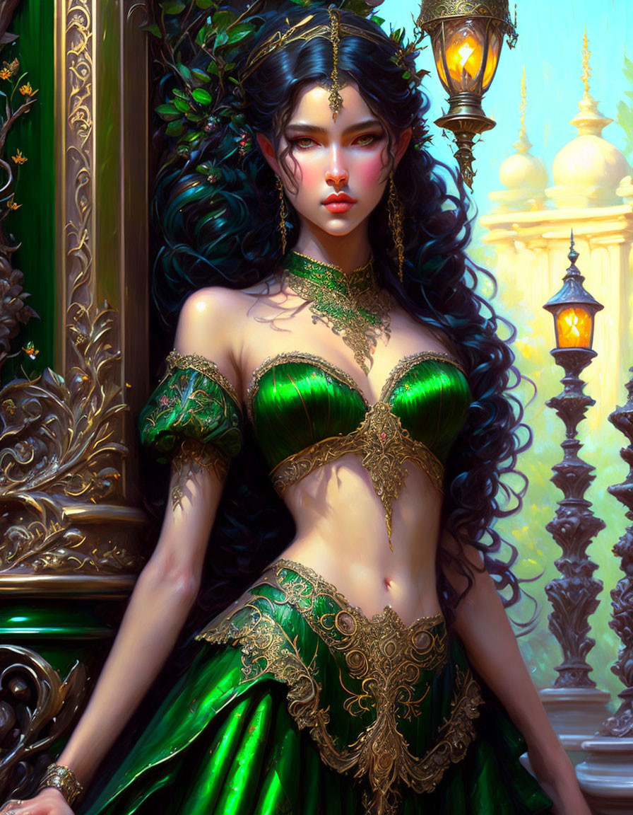 Illustrated female character with long black hair in green and gold attire, standing with ornate lamps.