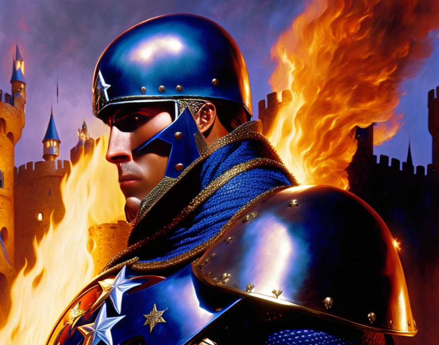 Colorful knight in blue armor with stars, against fiery castle