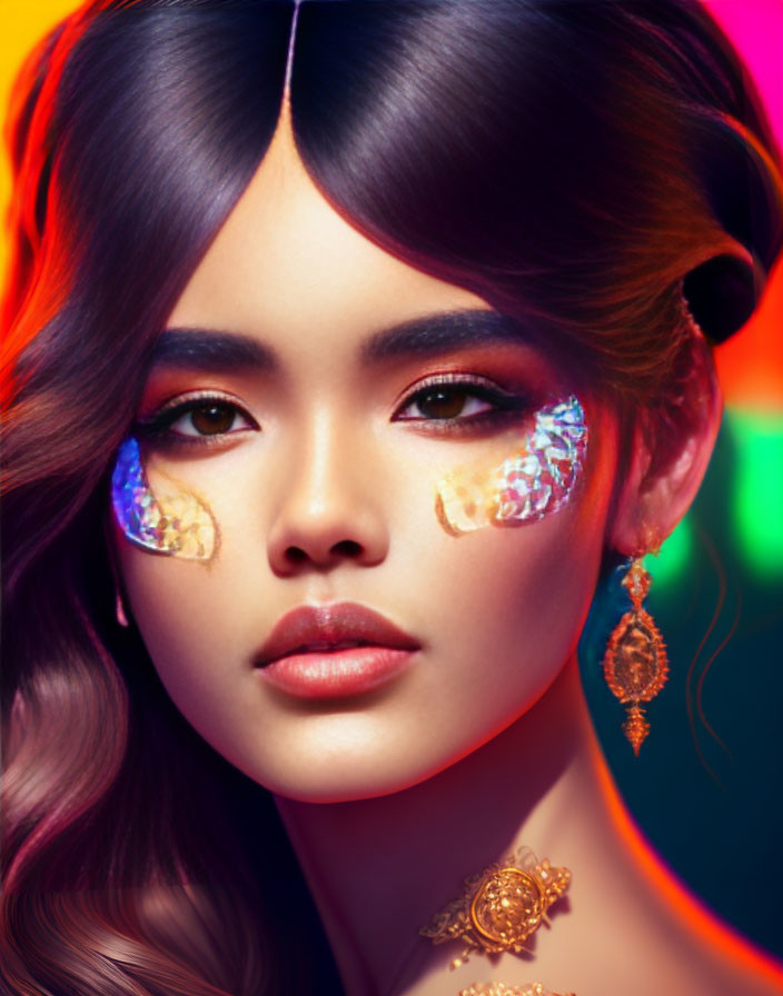 Colorful portrait of woman with glittery makeup and ornate earrings