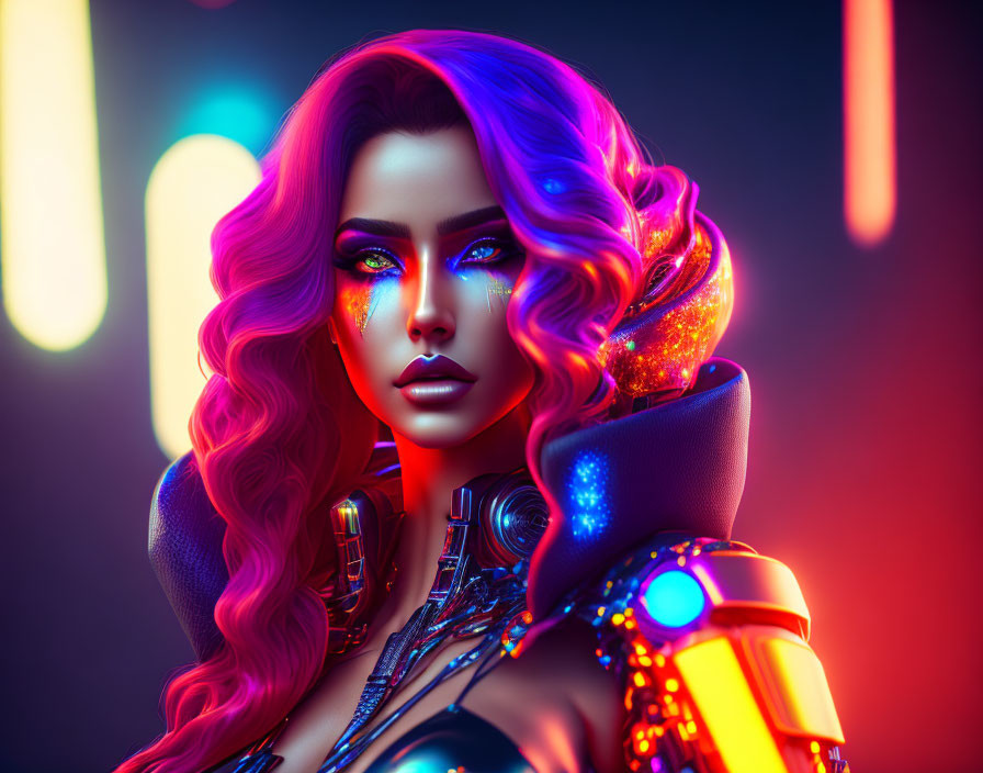 Colorful digital art: Female figure with multicolored hair, futuristic makeup, cybernetic shoulder