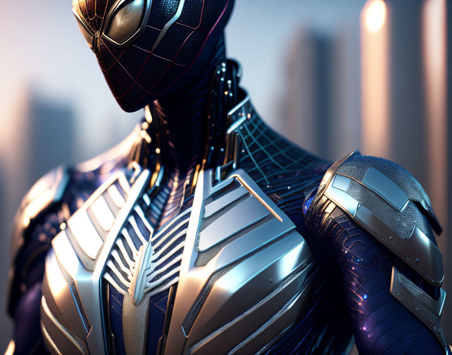 Detailed futuristic suit with spider emblem in cityscape at dusk