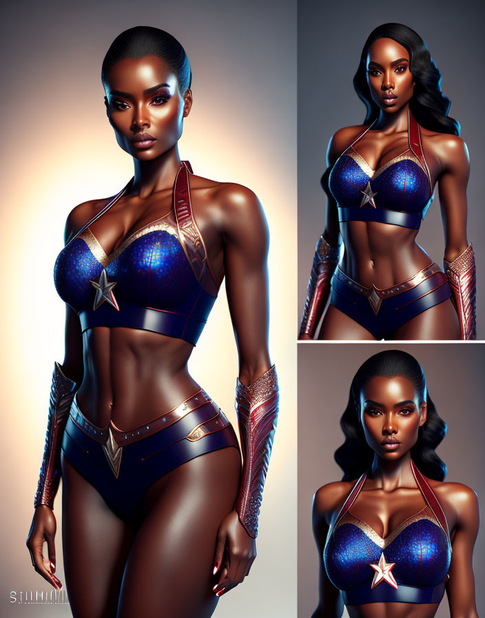 Digital artwork of dark-skinned woman in futuristic superhero outfit