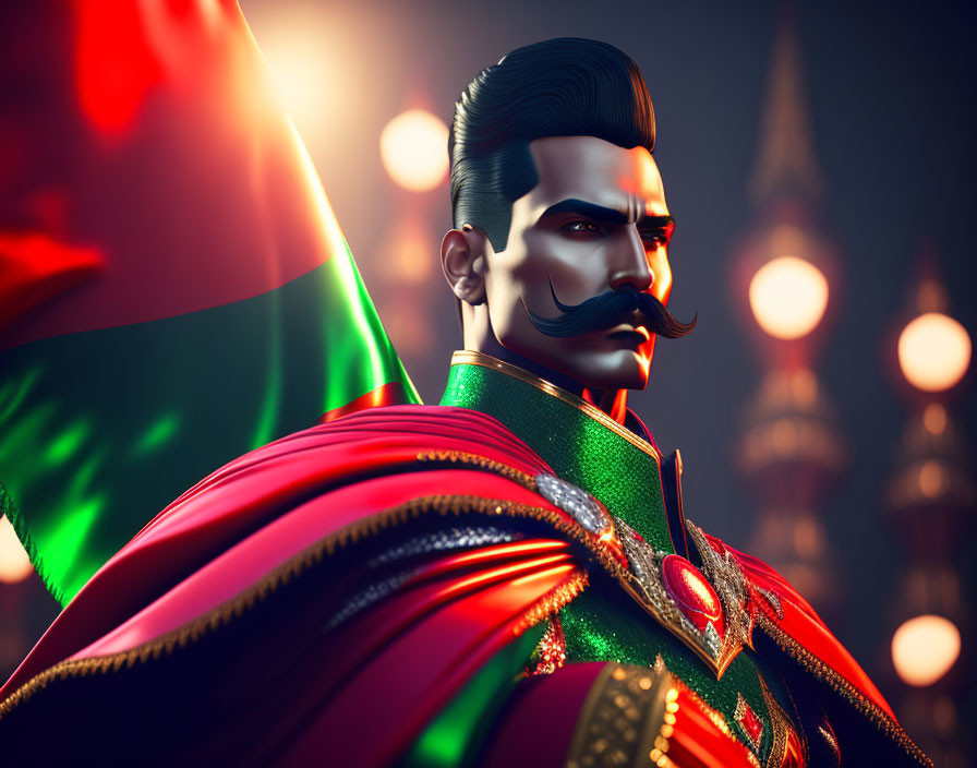 Stylized 3D illustration of dignified male figure in ornate military attire