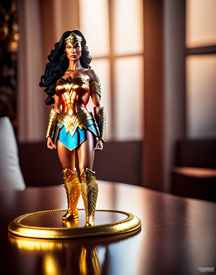 Detailed Wonder Woman action figure on golden stand under warm light