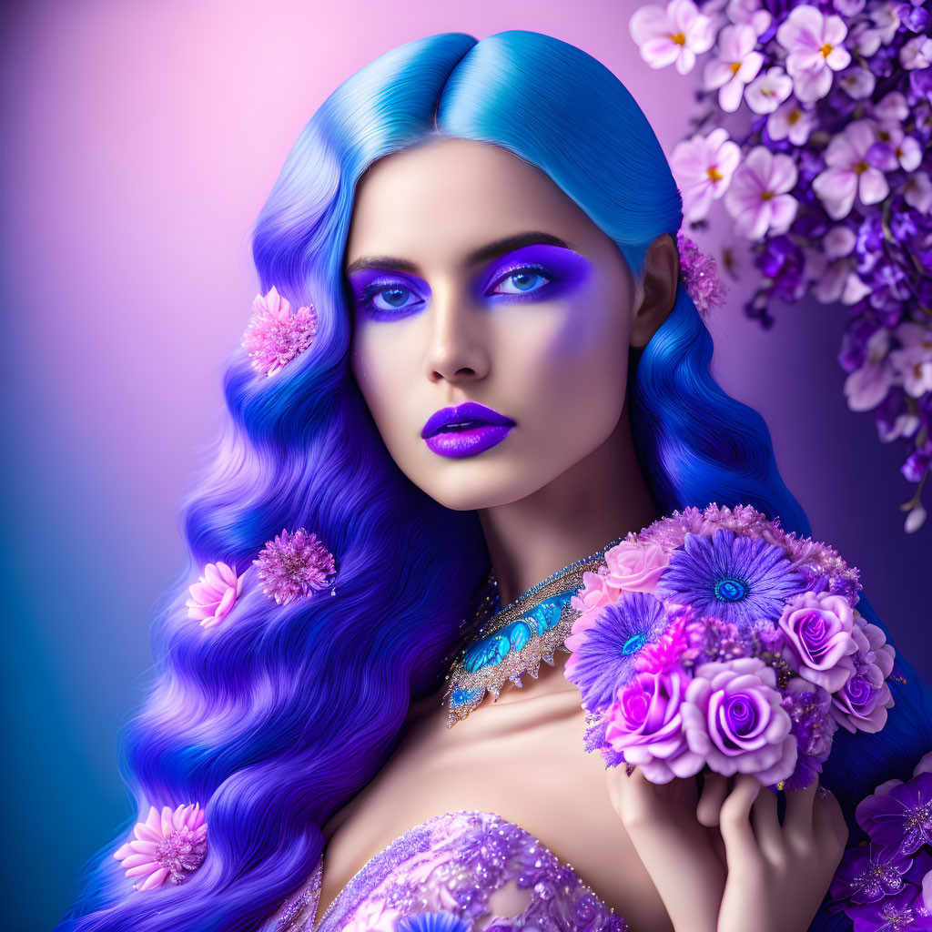 Woman with Blue Hair and Purple Makeup Holding Bouquet in Floral Setting