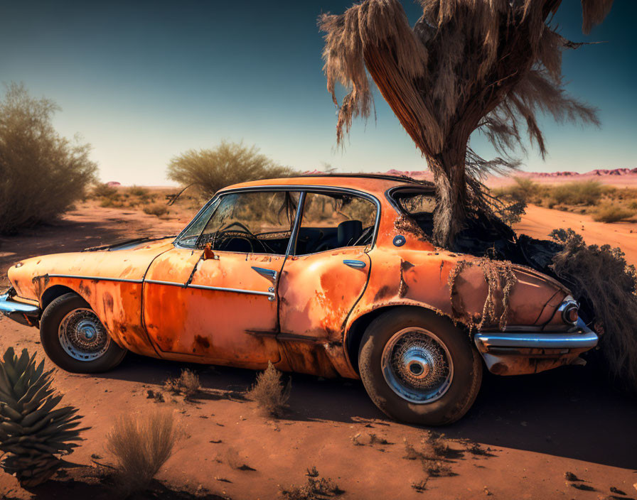 Rusty abandoned car in desert landscape with blue skies