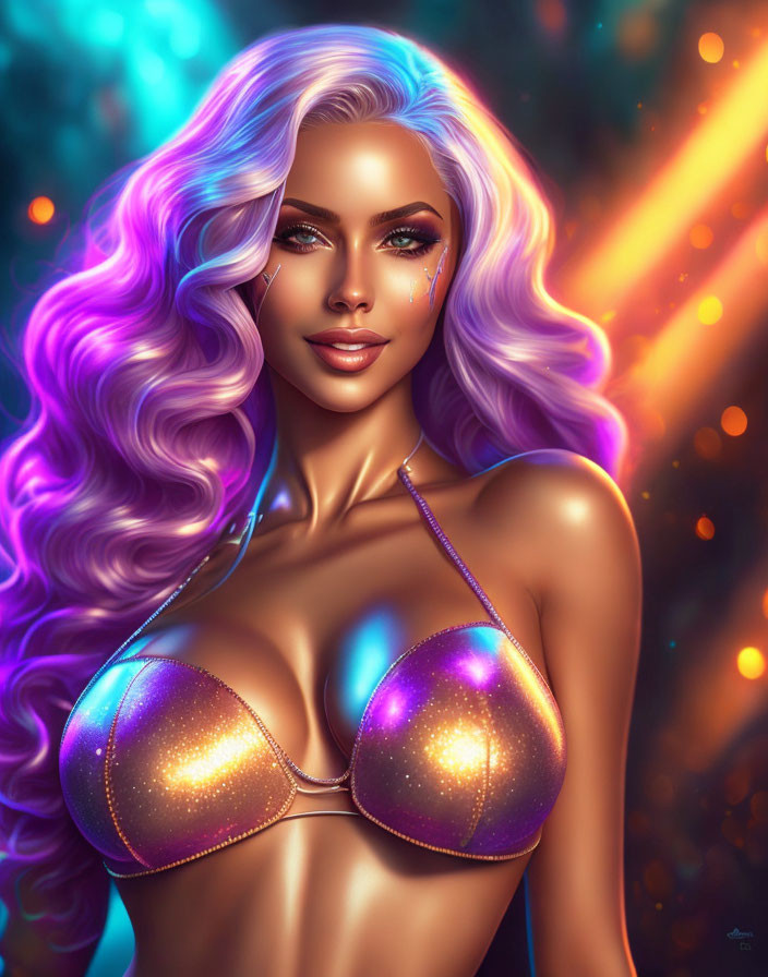 Vibrant illustration: Woman with purple hair and gold bikini top