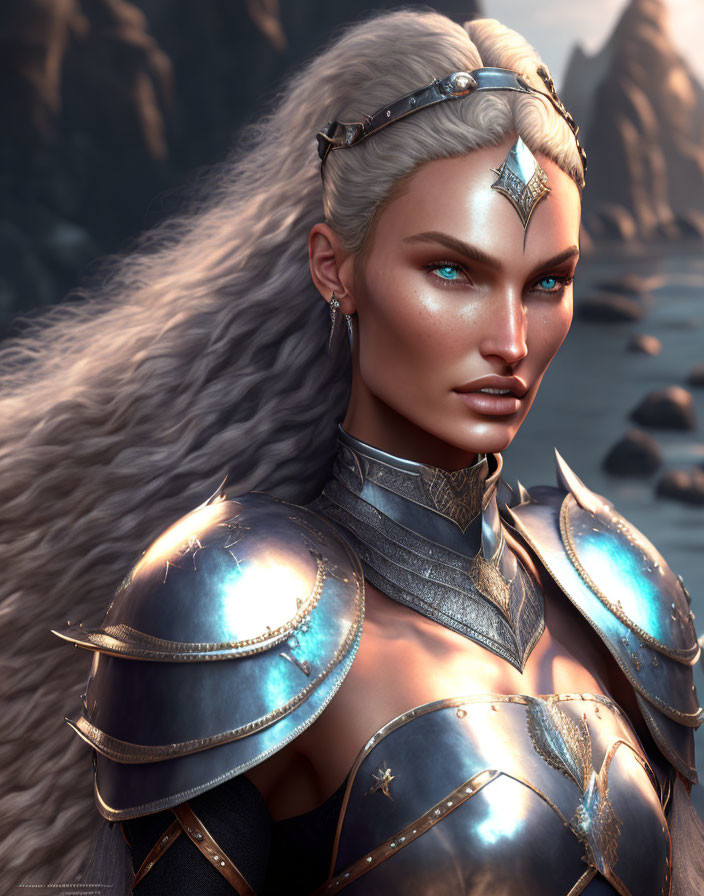 3D rendering of fierce fantasy warrior woman with silver hair and metal armor