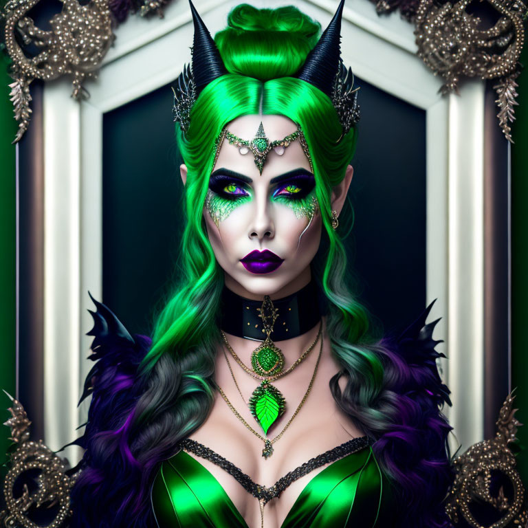Digital portrait of woman with green hair, horned headpiece, intricate makeup, and gothic-f
