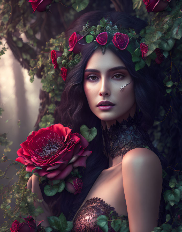 Woman in rose headpiece and lace attire surrounded by vines and bloom.