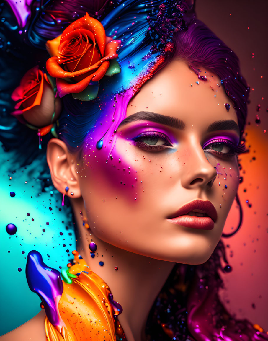 Colorful digital portrait of woman with paint splashes, flower, purple eyeshadow