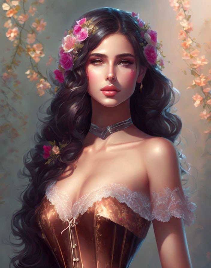 Digital artwork: Woman with long wavy hair, flower crown, lace corset, pink blossoms