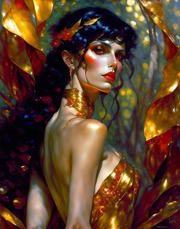 Dark-haired woman with red flowers, gold jewelry, and shimmering dress in golden light