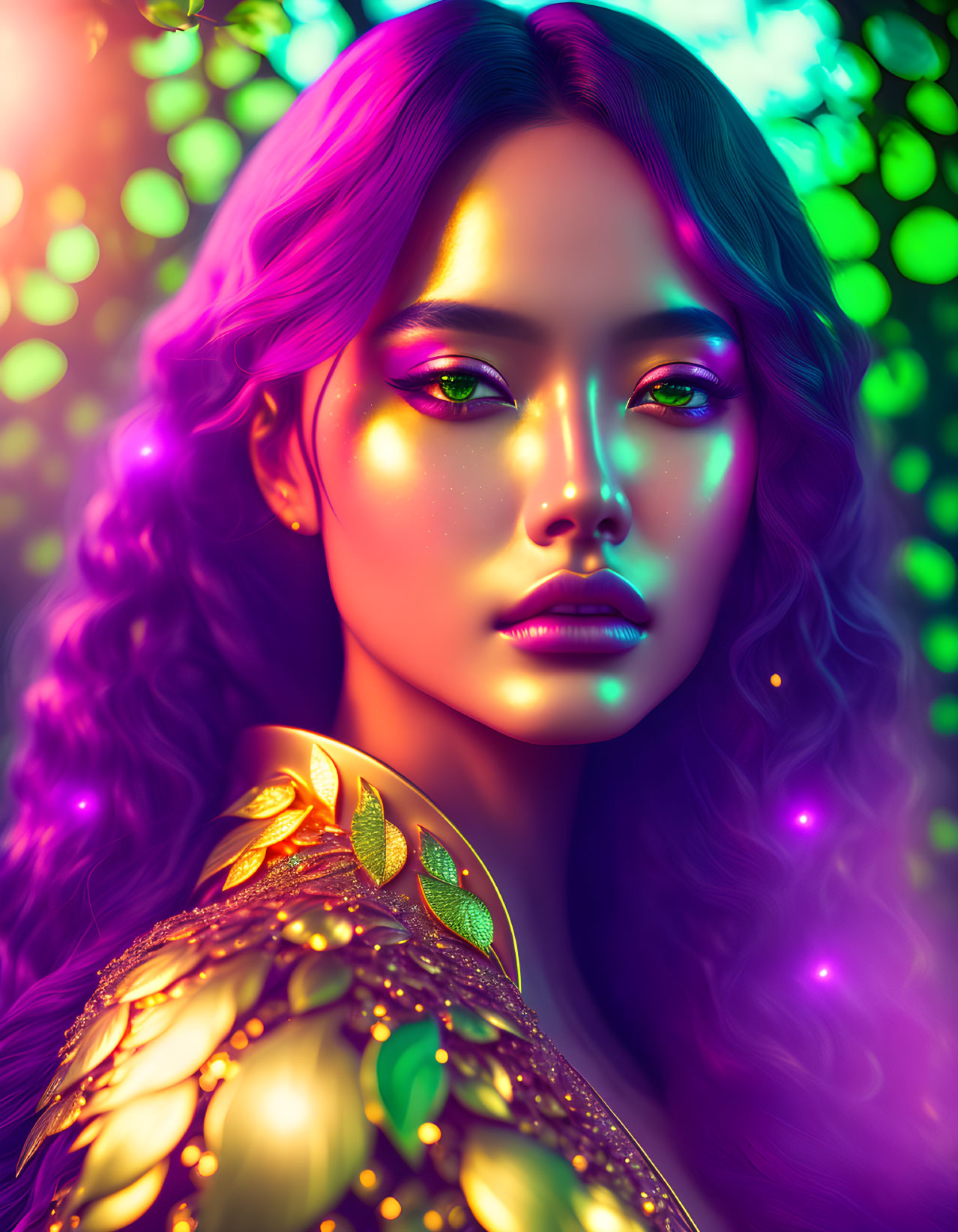 Colorful digital portrait featuring woman with neon lighting & unique shoulder embellishments