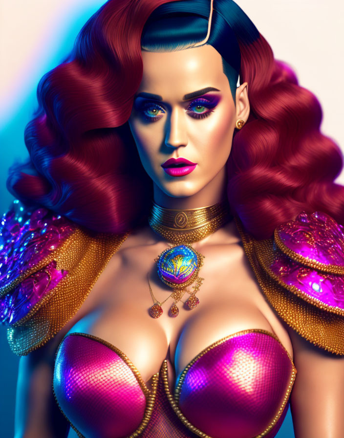 Vividly stylized portrait of woman with red hair and futuristic outfit