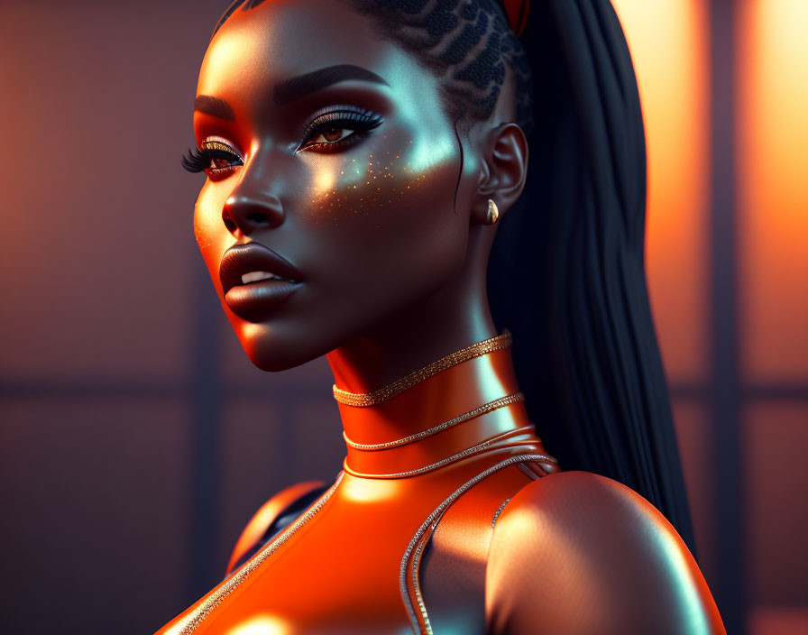 3D-generated image of woman with dark skin in futuristic orange attire