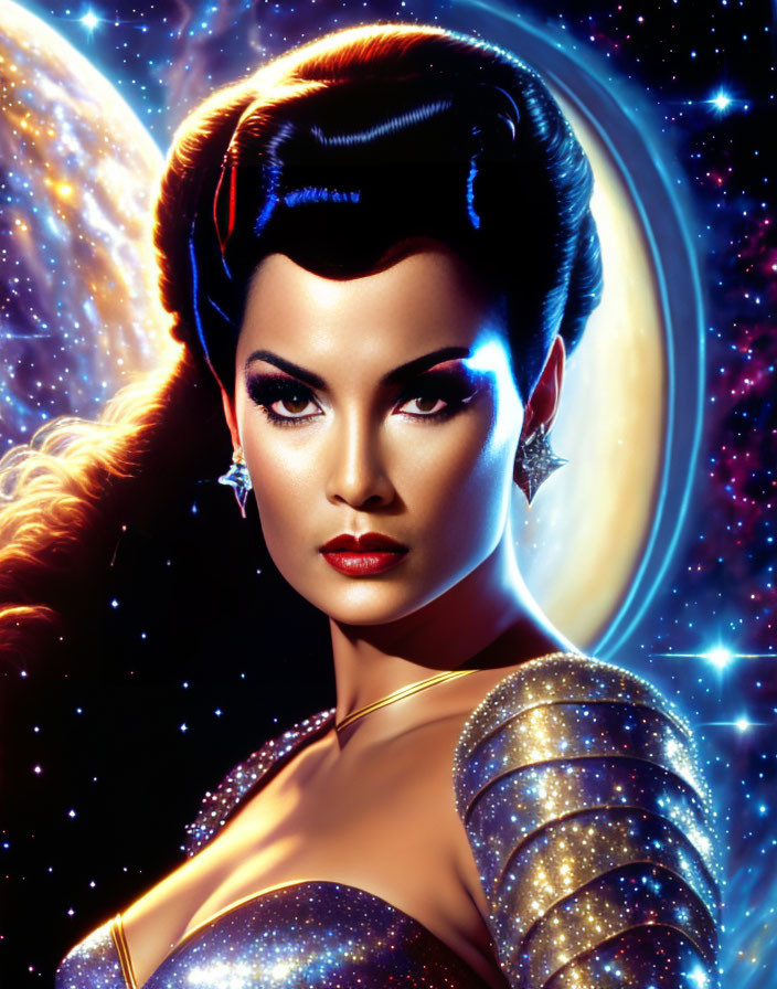 Stylized portrait of woman with retro hairstyle and cosmic backdrop
