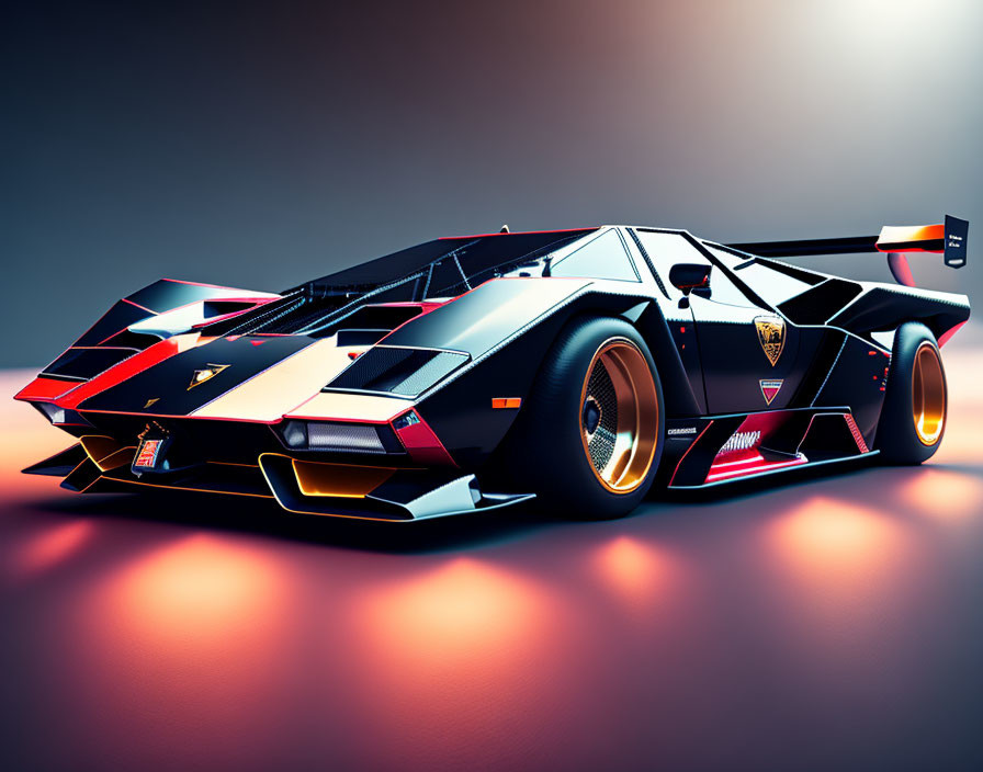 Black and Gold Futuristic Lamborghini Race Car with Sharp Angles and Red Underglow