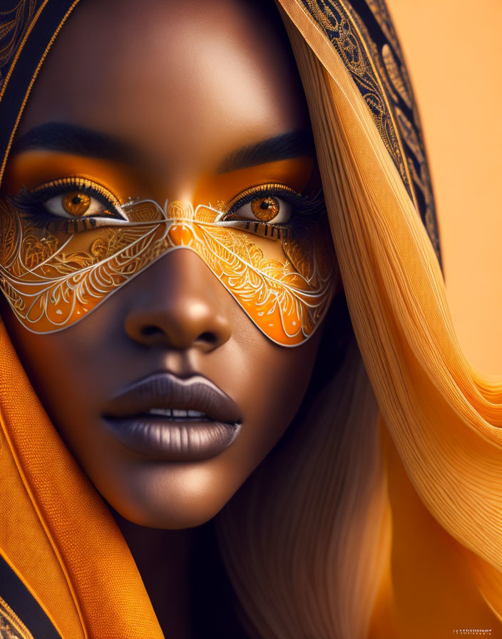 Woman with Orange Eyes and Gold Face Paint on Orange Background