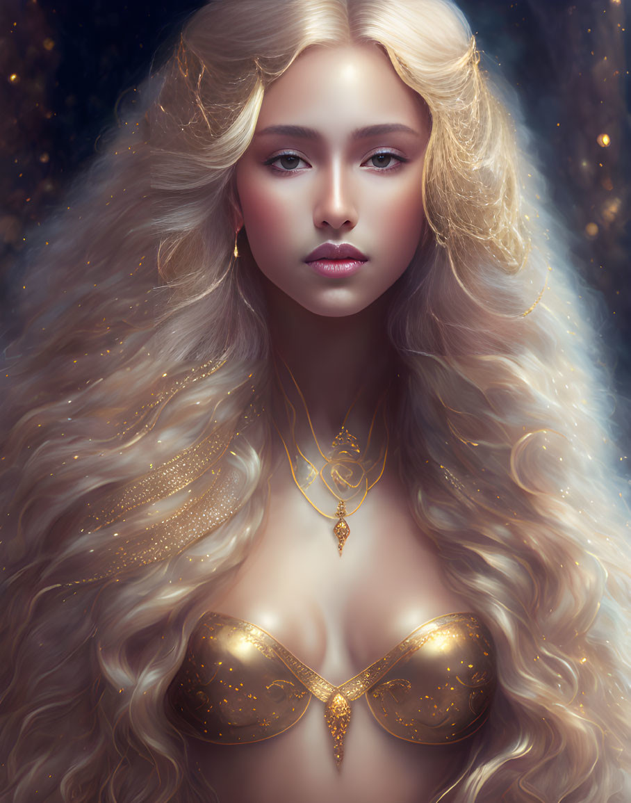 Digital artwork of woman with long golden hair and shimmering attire against starry backdrop