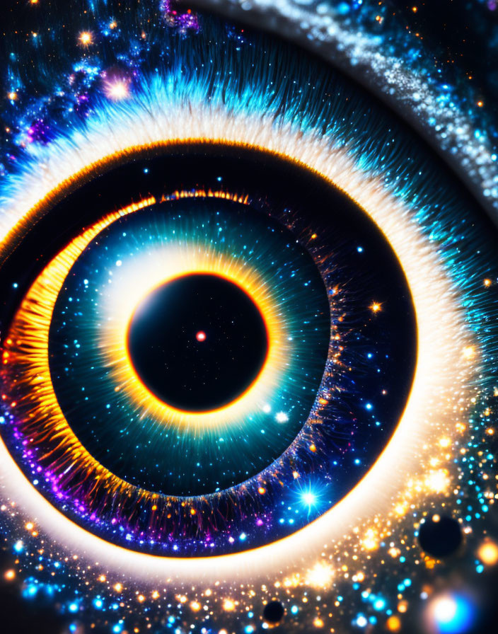 Cosmic-themed human eye with galaxy iris
