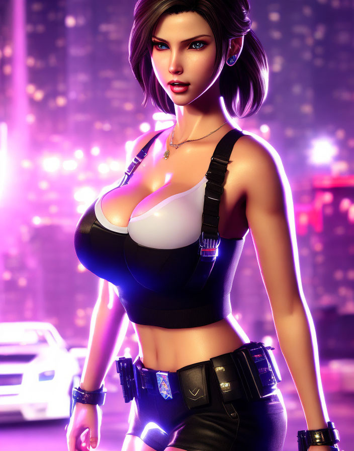 Female character with short hair in tank top and combat gear against neon-lit cityscape