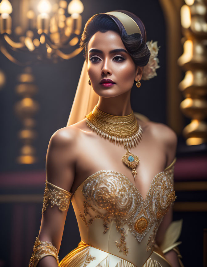 Elegant woman in golden bridal gown with chandelier backdrop