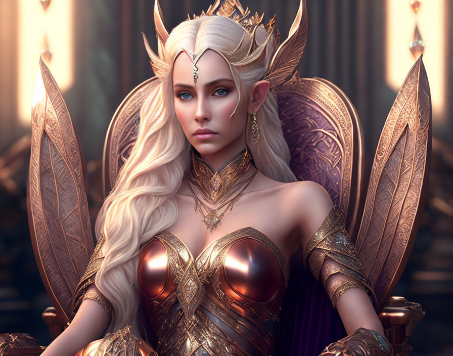 Platinum Blonde Elven Queen in Gold Armor on Throne