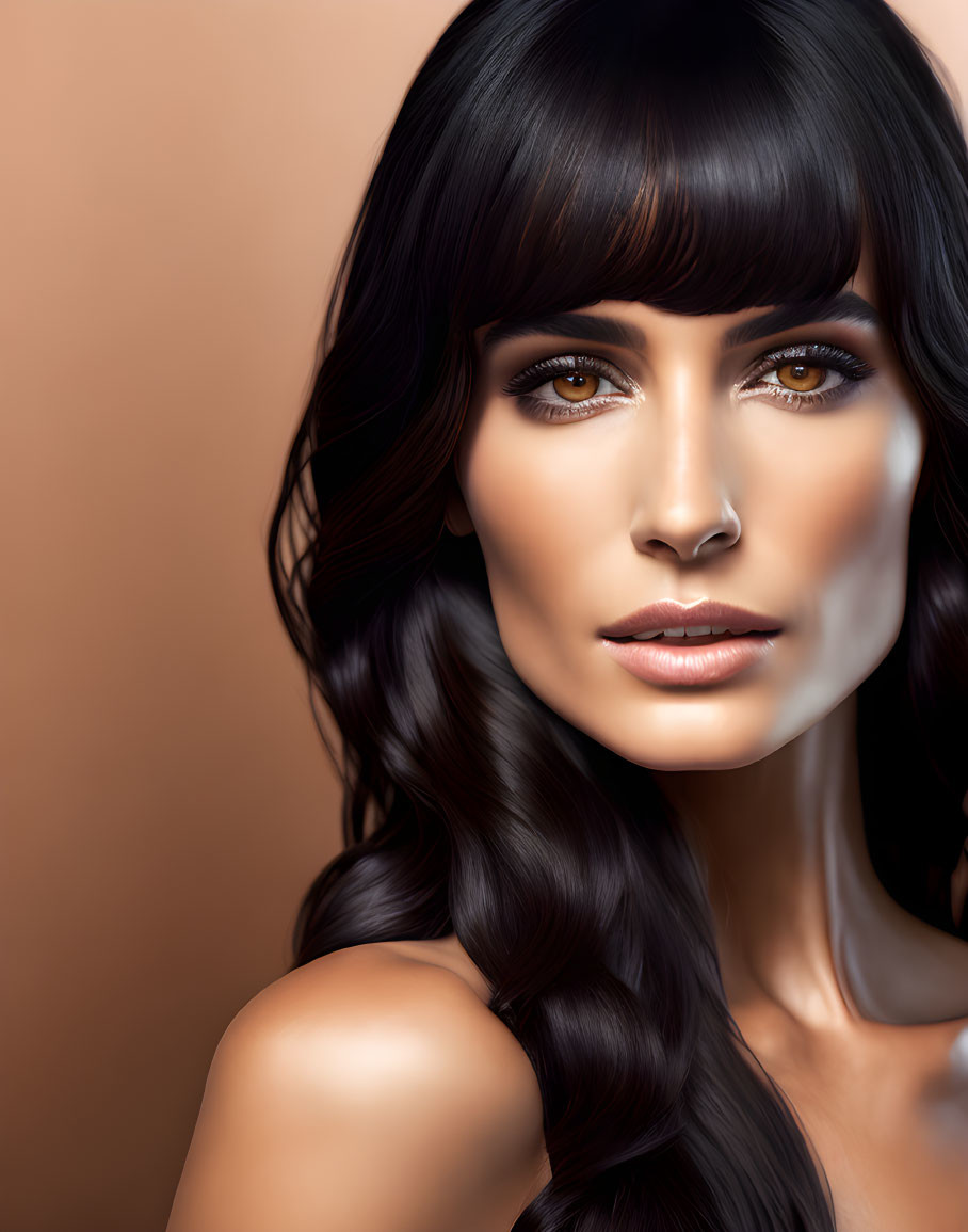 Detailed digital portrait of a woman with dark hair, bangs, brown eyes, makeup, and smooth