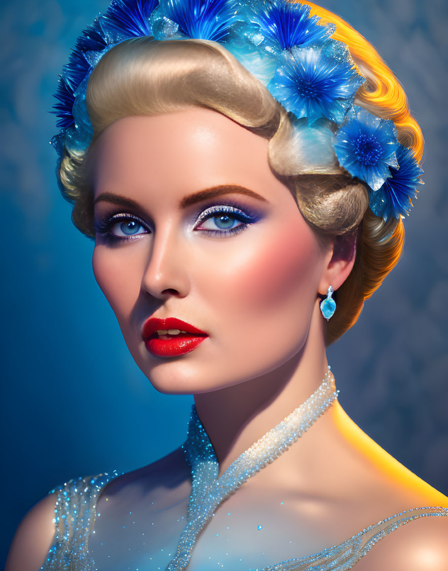 Blonde Woman Portrait with Blue Flowers and Bright Makeup