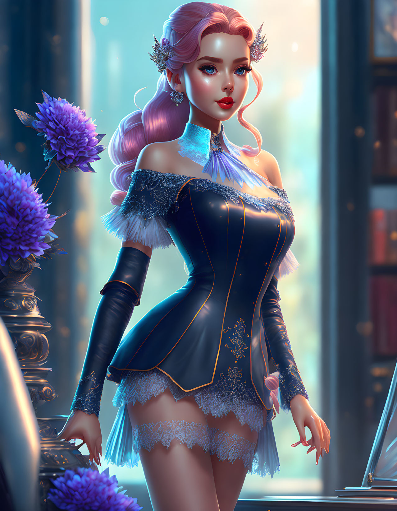 Illustrated woman with pink hair in detailed corset beside purple flowers