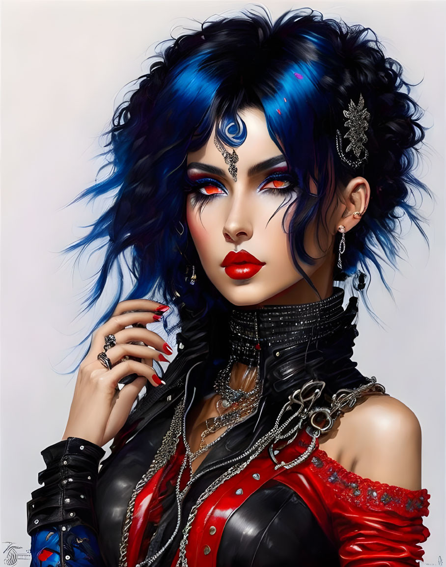 Vibrant digital artwork of a woman with blue and black hair, striking makeup, silver jewelry,