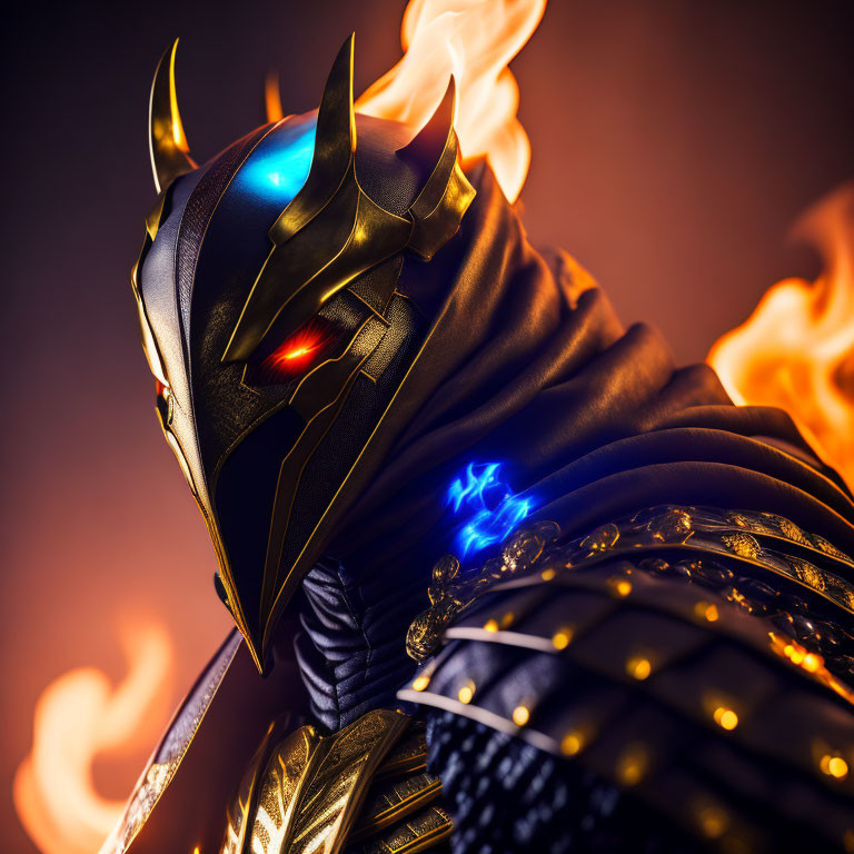 Person in Stylized Armor Helmet with Glowing Eyes Surrounded by Flames