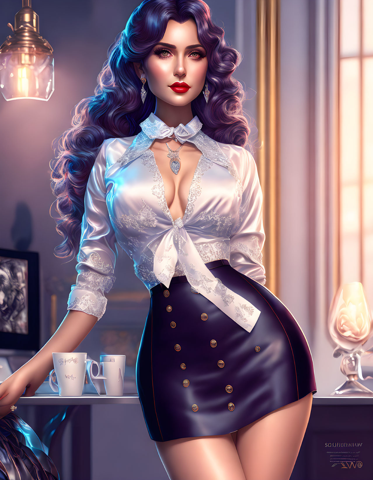 Digital artwork: Woman with blue hair, white blouse, bow tie, black skirt & pendant