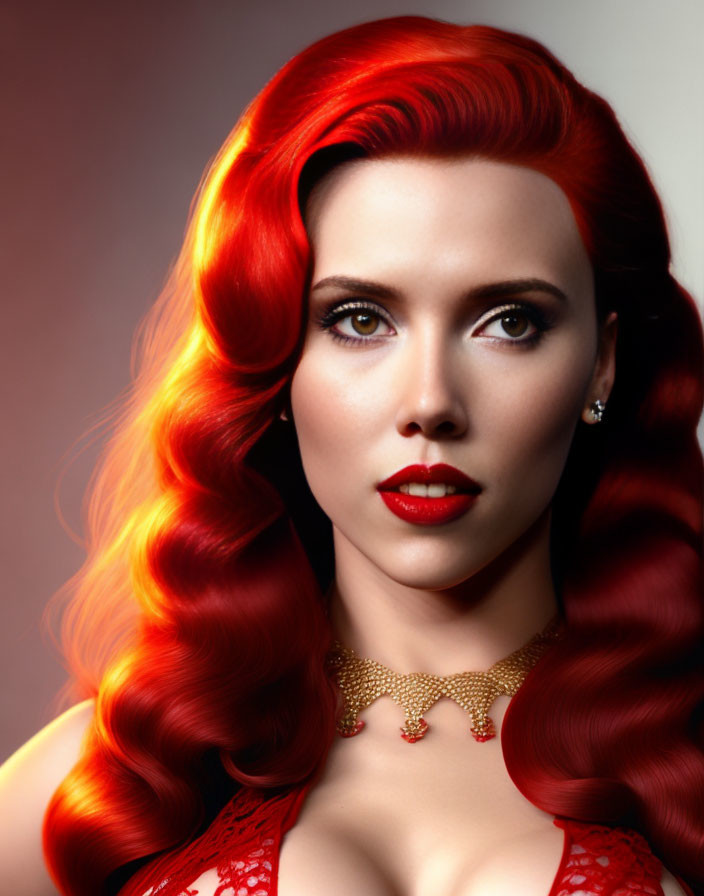 Digital portrait of woman with red hair, brown eyes, red lipstick, red dress, golden necklace