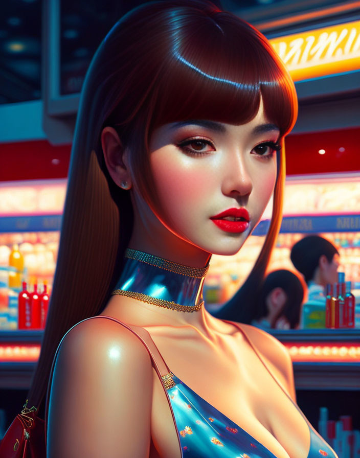 Digital portrait of woman with brown hair, red lipstick, and choker against neon background