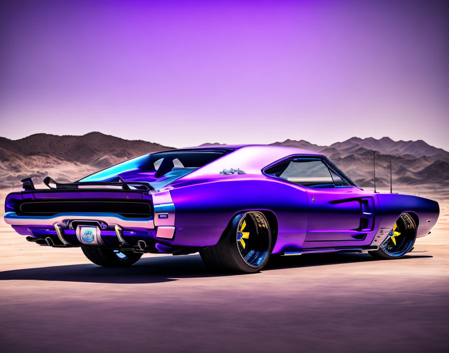 Shiny Purple Muscle Car with Black and Yellow Rims on Flat Surface