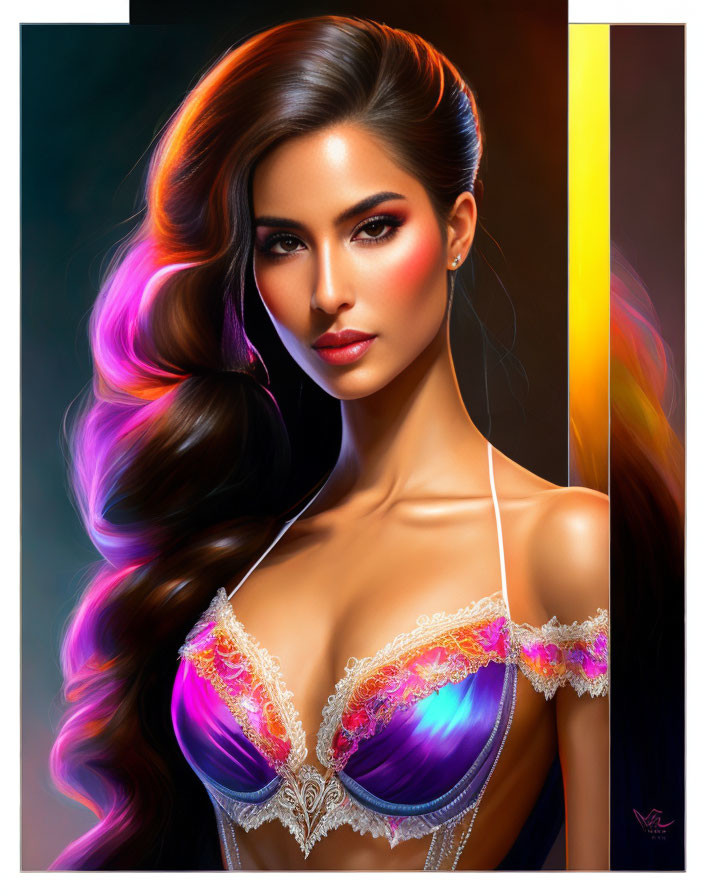 Vibrant woman illustration with long multicolored hair and striking makeup
