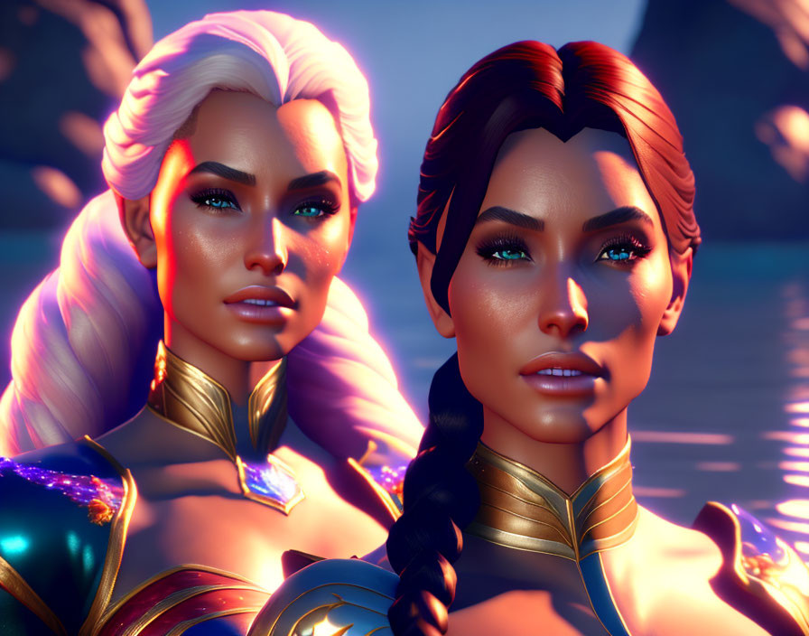 Stylized female warriors with glowing makeup and intricate hairstyles by a serene lake at sunset