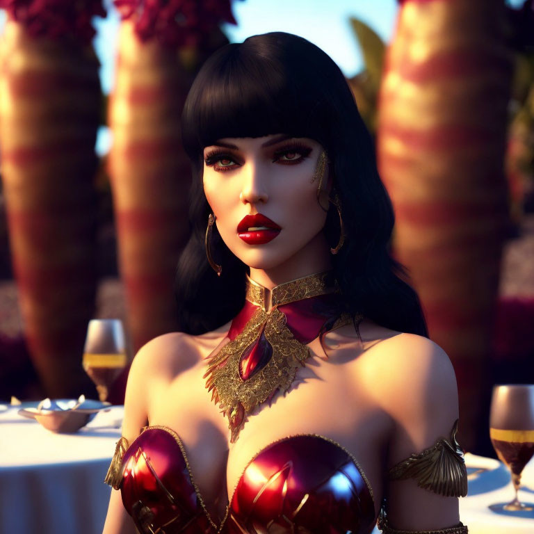 Digital artwork: Woman with black hair, red lipstick, and gold jewelry in a tropical scene